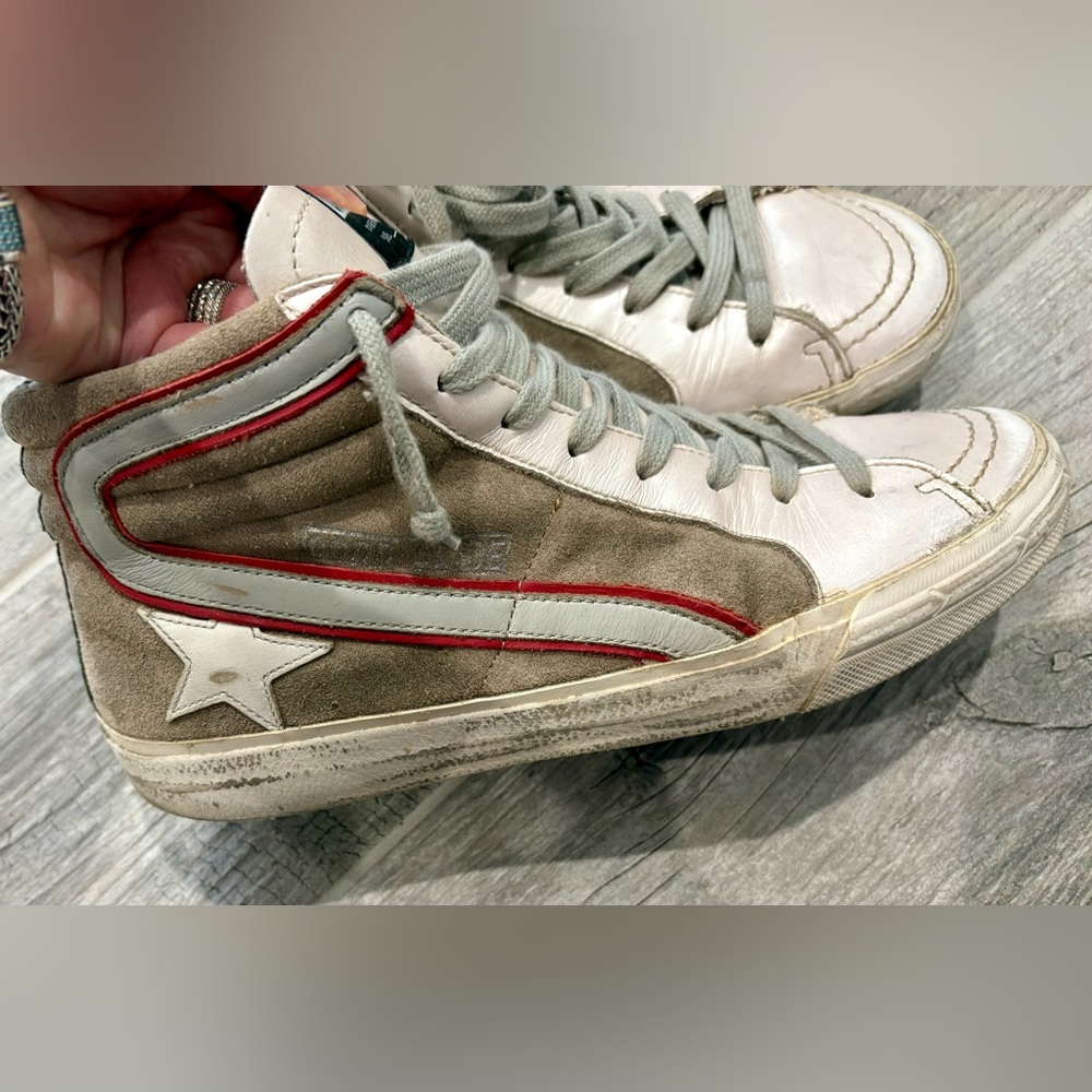 Golden Goose Tan Suede & White Leather Slide Sneakers